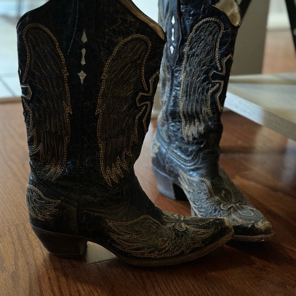 Corral black gold leather wings cross A1967 snip toe cowboy boots size 10 - Picture 2 of 4